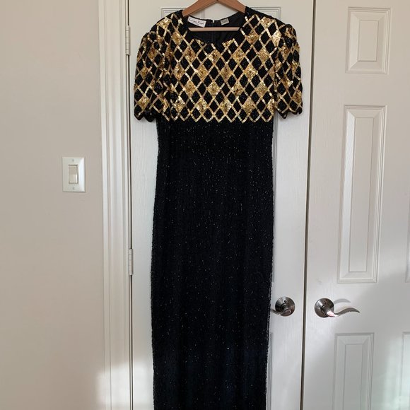 Laurence Kazar Dresses & Skirts - Laurence Kazar Black and Gold Harlequin Beaded, Size XL, Vintage Evening Gown